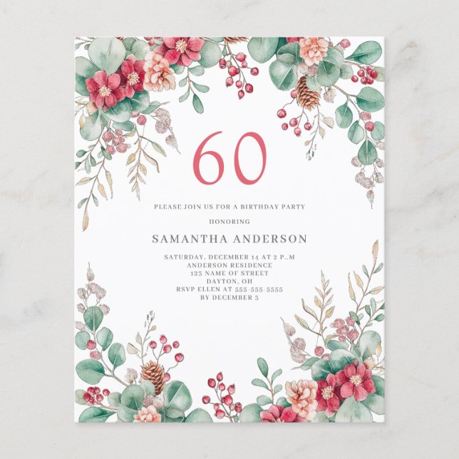 Budget Floral 60th Birthday Party Invitation Flyer (Front)
