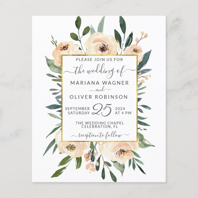 Budget Floral Beige Gold Black Wedding Invitation (Front)