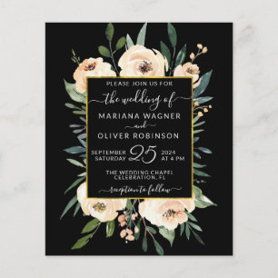 Budget Floral Beige Gold Black Wedding Invitation