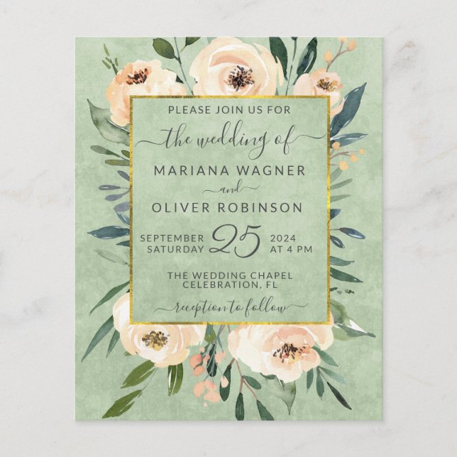 Budget Floral Beige Roses Gold Sage Green Wedding Flyer (Front)