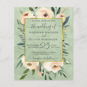 Budget Floral Beige Roses Gold Sage Green Wedding Flyer