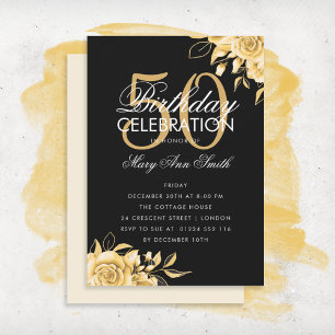 Budget Floral Birthday Elegant Gold & Black Invite