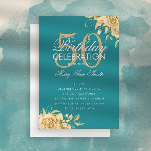 Budget Floral Birthday Elegant Gold & Teal Invite (Creator Uploaded)