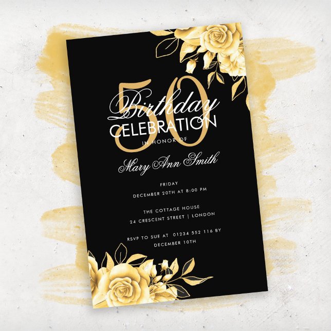 Budget Floral Birthday Party Elegant Gold & Black Flyer (Creator Uploaded)