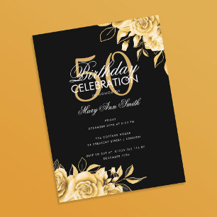 Budget Floral Birthday Party Elegant Gold & Black Postcard