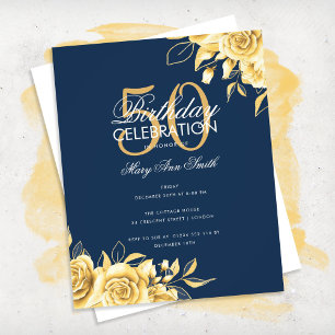 Budget Floral Birthday Party Elegant Gold & Navy Flyer