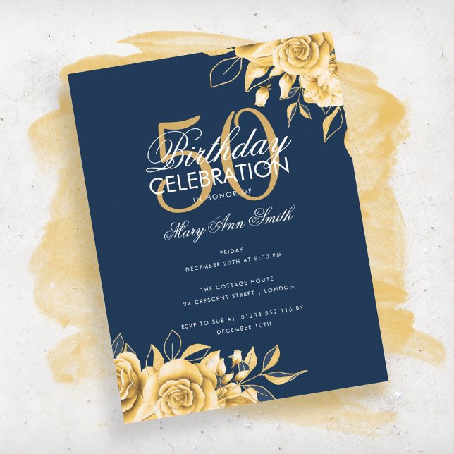 Budget Floral Birthday Party Elegant Gold & Navy Postcard (Creator Uploaded)