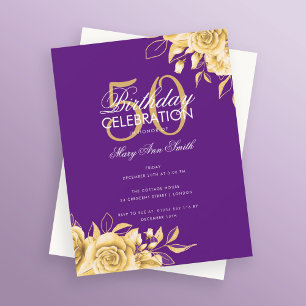 Budget Floral Birthday Party Elegant Gold & Purple Invitation