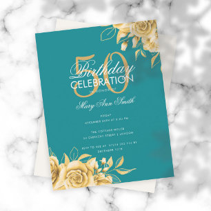 Budget Floral Birthday Party Elegant Gold & Teal  Invitation