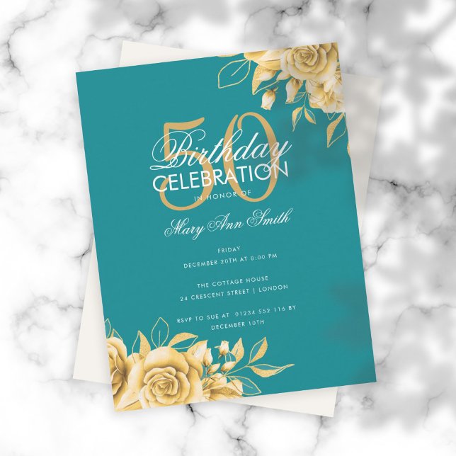 Budget Floral Birthday Party Elegant Gold & Teal  Invitation (Creator Uploaded)