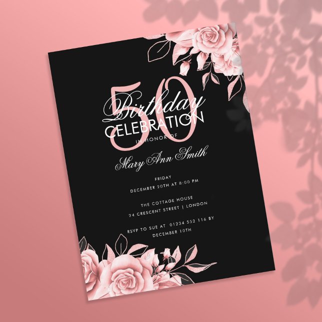Budget Floral Birthday Party Rose Gold & Black Postcard (Creator Uploaded)