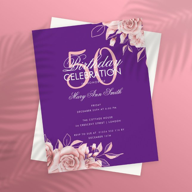 Budget Floral Birthday Party Rose Gold Purple  Invitation (Creator Uploaded)