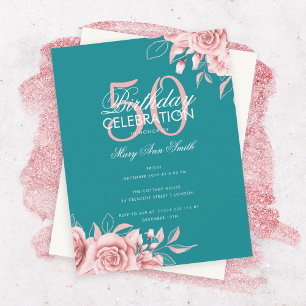 Budget Floral Birthday Party Rose Gold Teal  Invitation