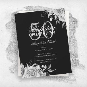 Budget Floral Birthday Party Silver Black Invitation