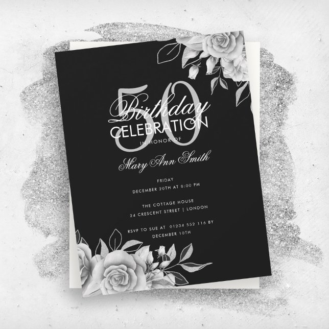 Budget Floral Birthday Party Silver Black Invitation (Creator Uploaded)
