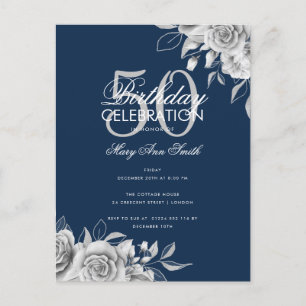 Budget Floral Birthday Party Silver & Navy  Postcard