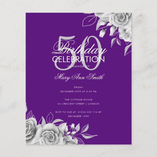 Budget Floral Birthday Party Silver & Purple  Flyer (Front)