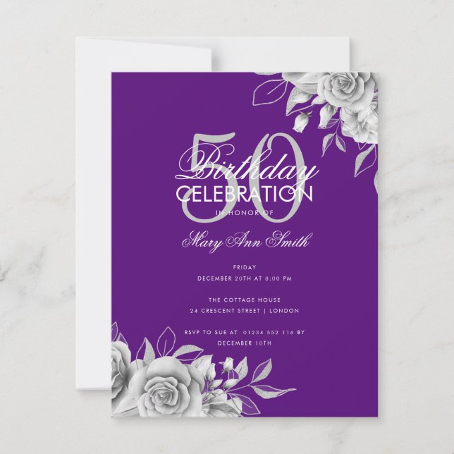 Budget Floral Birthday Party Silver Purple  Invitation (Front)