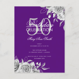 Budget Floral Birthday Party Silver & Purple Postcard