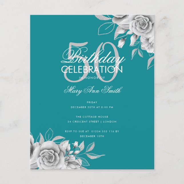 Budget Floral Birthday Party Silver & Teal  (Front)