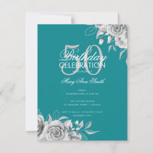 Budget Floral Birthday Party Silver Teal  Invitation