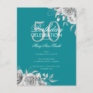 Budget Floral Birthday Party Silver & Teal  Postcard