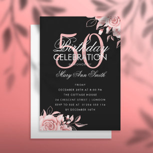 Budget Floral Birthday Rose Gold & Black Invite