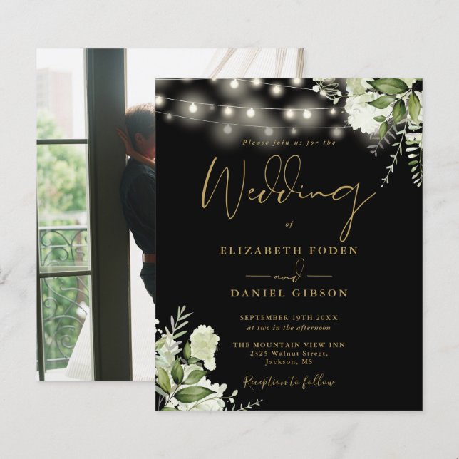 Budget Floral Black And Gold Photo Wedding Invite (Front/Back)