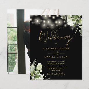 Budget Floral Black And Gold Photo Wedding Invite