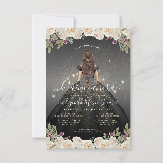 Budget Floral Black Gold Princess Quinceanera Card (Front)