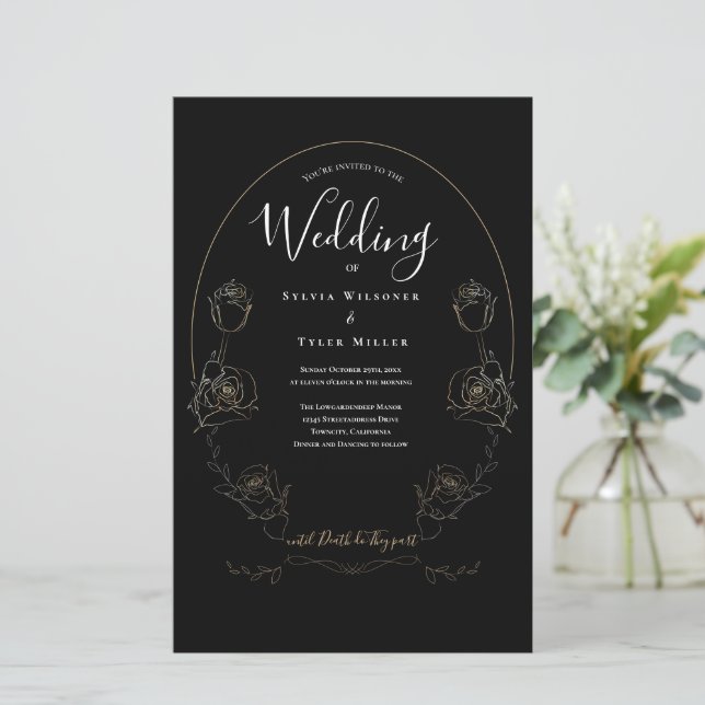 Budget Floral Black Gothic Wedding Invitation (Standing Front)