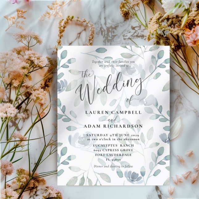 Budget Floral Blue Eucalyptus Wedding Invitation (Creator Uploaded)