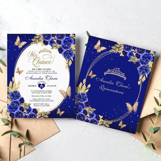 BUDGET Floral Blue Gold Butterfly Quinceanera (Creator Uploaded)