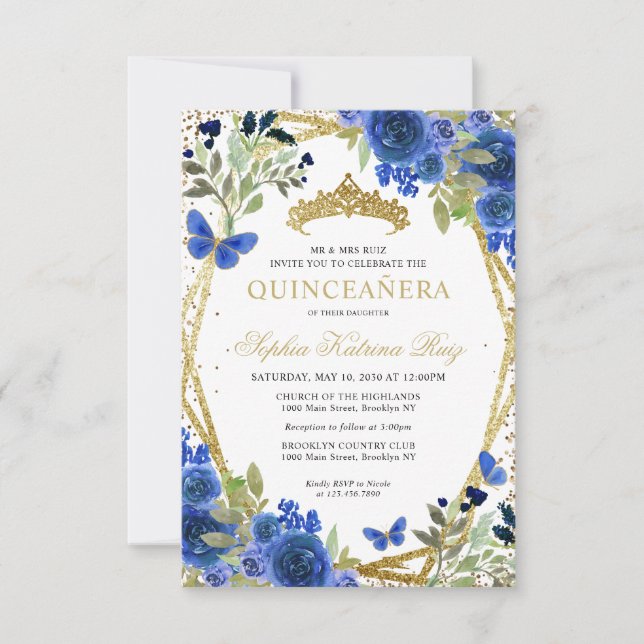 Budget Floral Blue Gold Tiara Quinceañera Invite (Front)