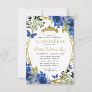 Budget Floral Blue Gold Tiara Quinceañera Invite