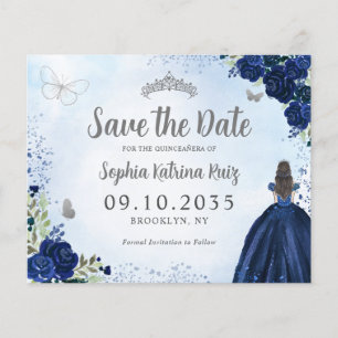 Budget Floral Blue Grey Quinceanera Save the Date