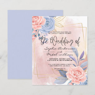 Budget Floral Blue & Pink Brush wedding Invitation