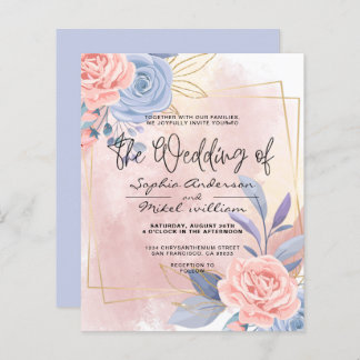 Budget Floral Blue & Pink Brush wedding Invitation