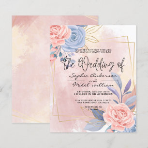 Budget Floral Blue & Pink Brush wedding Invitation