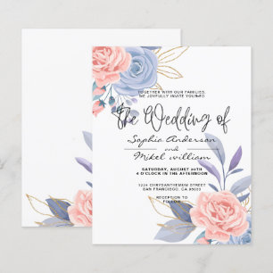 Budget Floral Blue& Pink Golden wedding Invitation