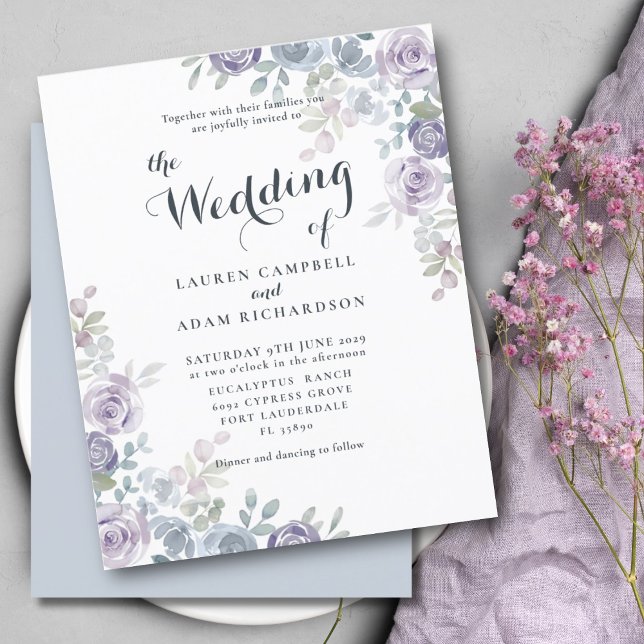 Budget Floral Blue & Purple Wedding Invitation.    (Creator Uploaded)