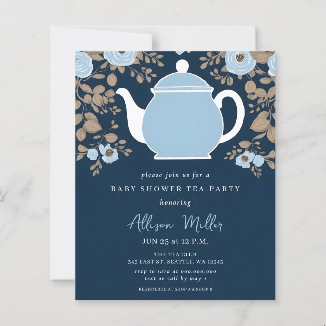 Budget Floral Blue Tea Party Boy Baby Shower Invit (Front)