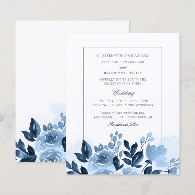 Budget Floral Blue Watercolor Script Wedding (Front/Back)