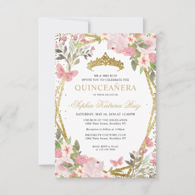Budget Floral Blush Gold Tiara Quinceañera Invite (Front)