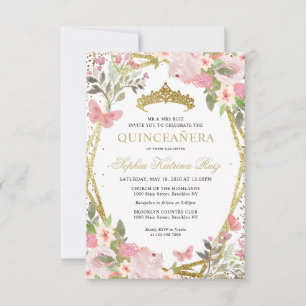 Budget Floral Blush Gold Tiara Quinceañera Invite