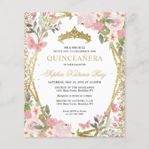 Budget Floral Blush Gold Tiara Quinceañera Invite