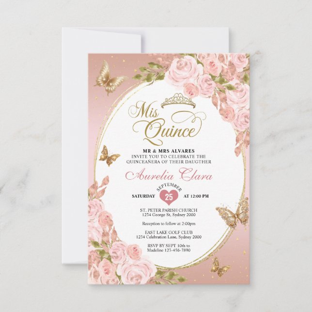 BUDGET Floral Blush Pink Gold Butterfly Mis Quince Card (Front)