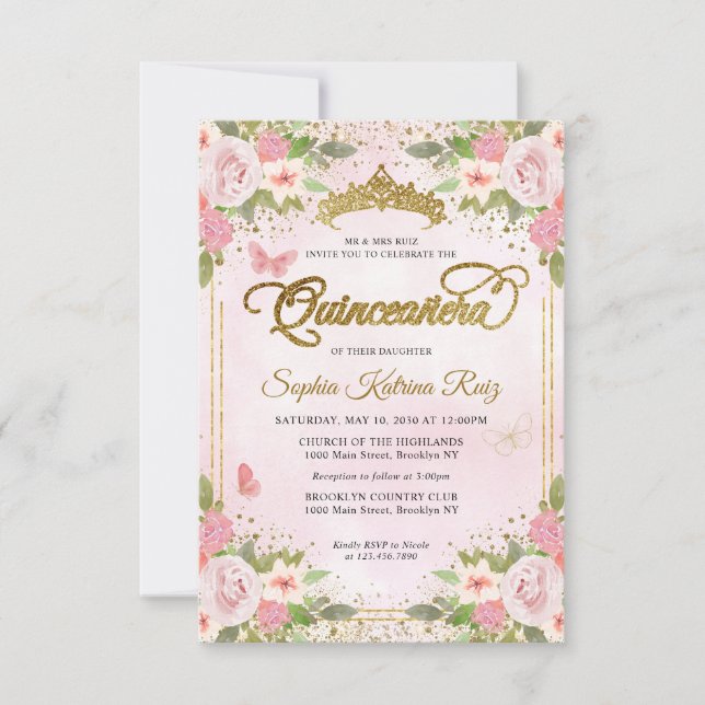 Budget Floral Blush Pink Gold Glitter Quinceañera Card (Front)