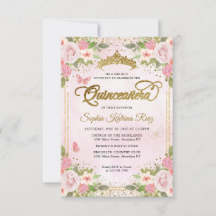 Budget Floral Blush Pink Gold Glitter Quinceañera Card