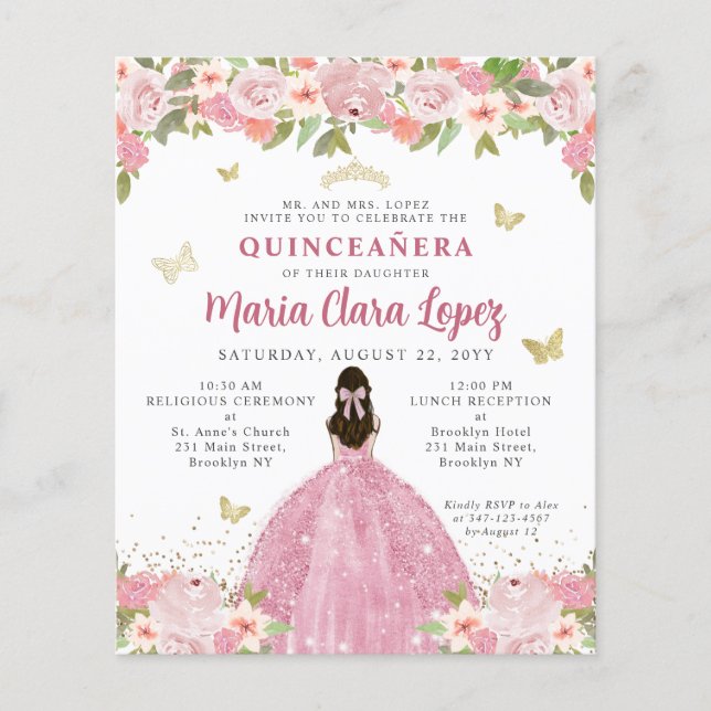 Budget Floral Blush Pink Gold Princess Quinceanera (Front)